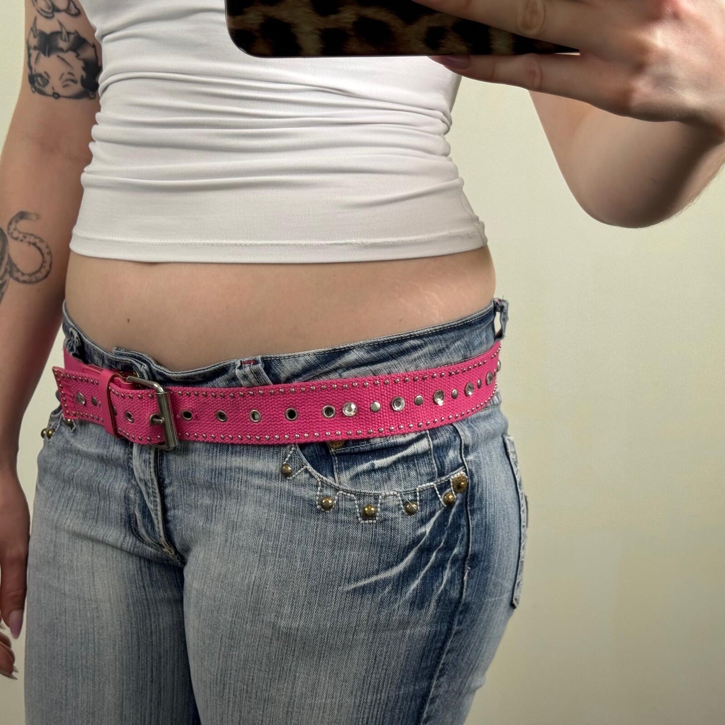 Y2K vintage belt rhinestone canvas studded hot pink