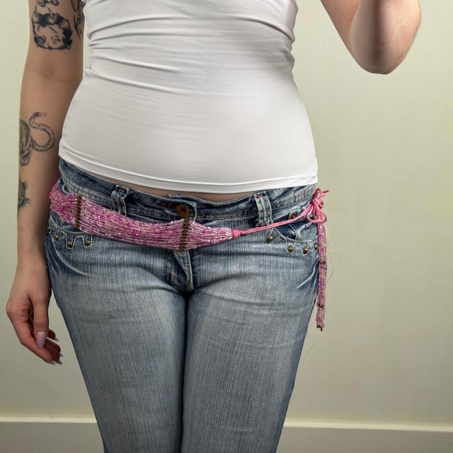 Y2K vintage belt beaded fringe layered pink adjustable bow