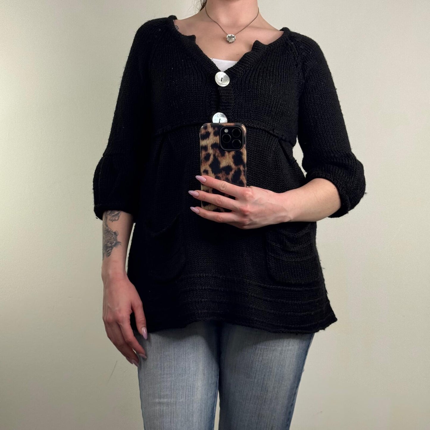 Y2K vintage chunky knit jumper button up wool blend 3/4 balloon sleeve v neck