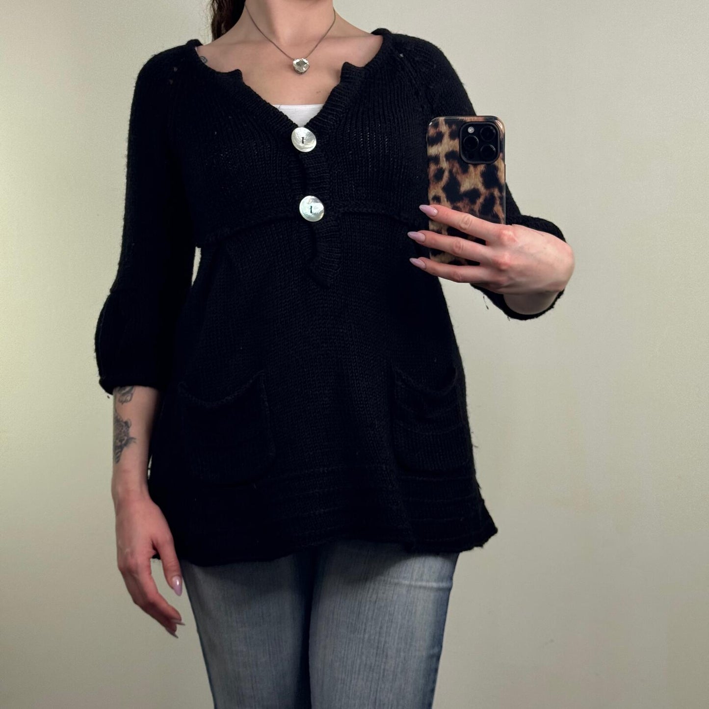 Y2K vintage chunky knit jumper button up wool blend 3/4 balloon sleeve v neck