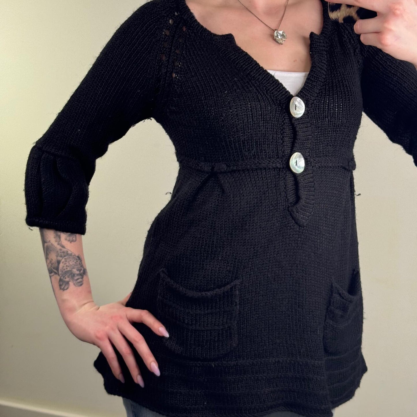 Y2K vintage chunky knit jumper button up wool blend 3/4 balloon sleeve v neck