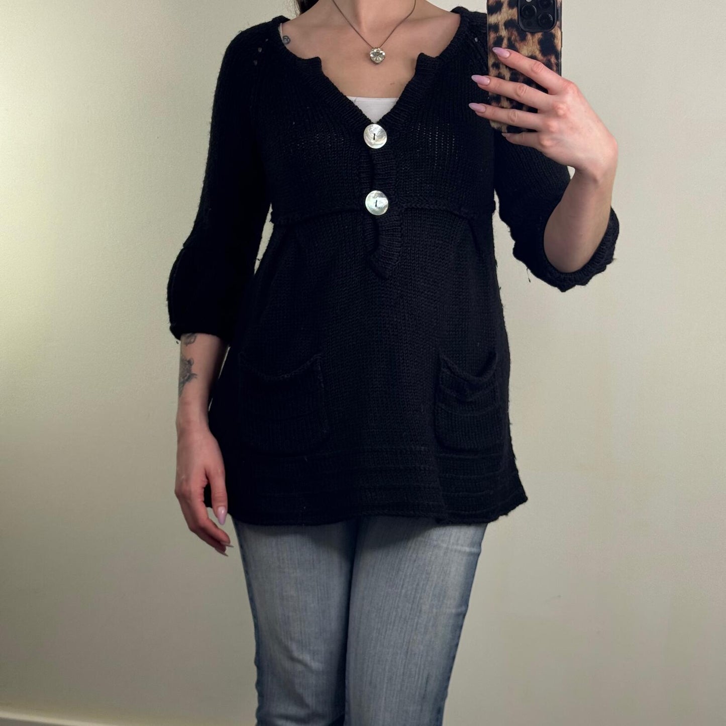 Y2K vintage chunky knit jumper button up wool blend 3/4 balloon sleeve v neck