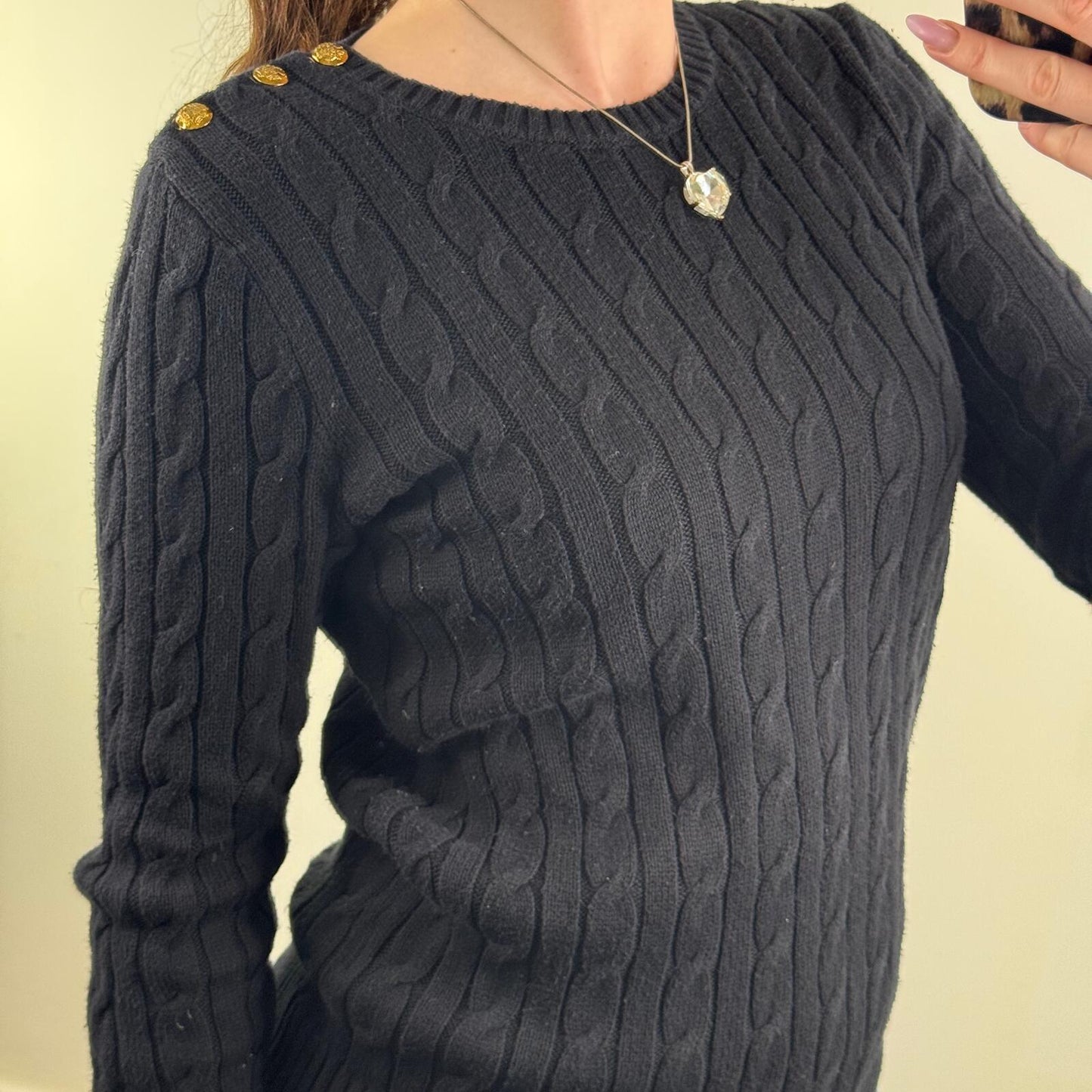 Lauren Ralph Lauren jumper cable knit button high round neck black knitted
