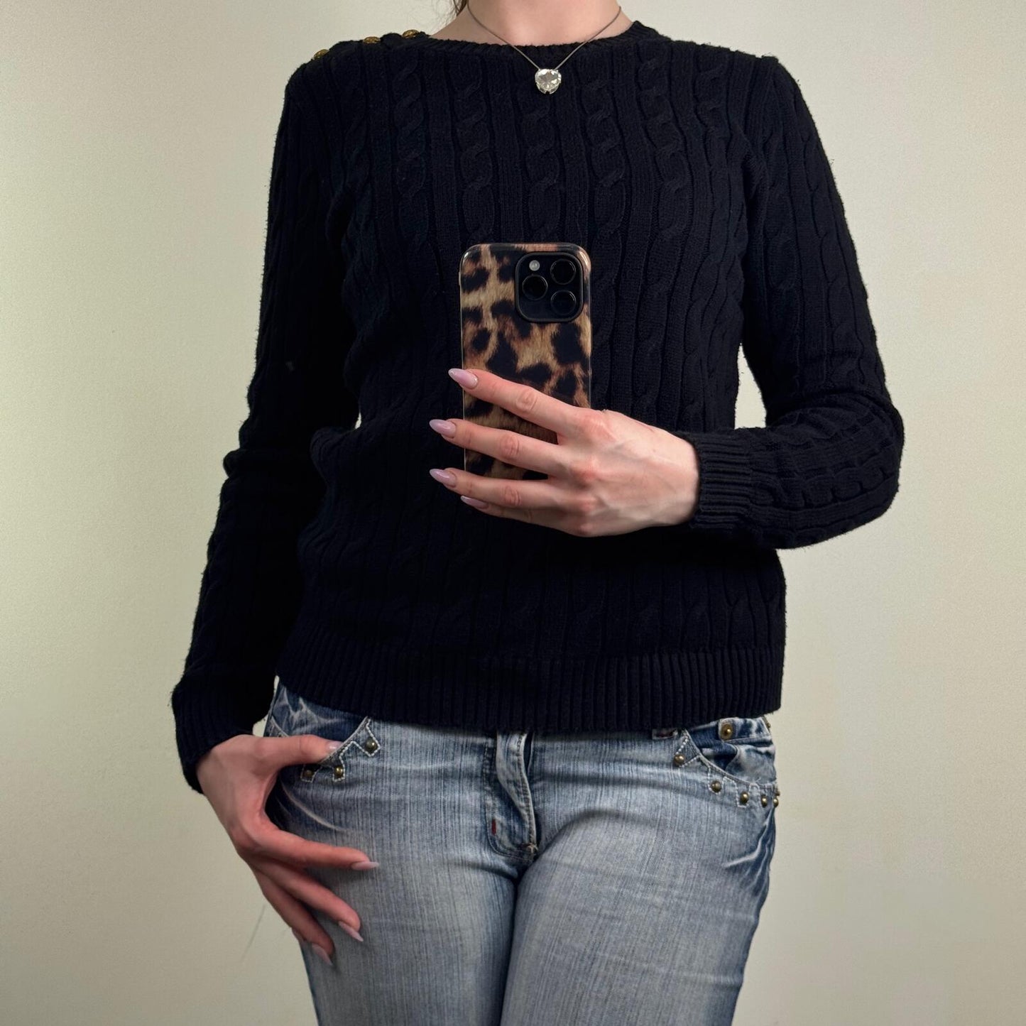 Lauren Ralph Lauren jumper cable knit button high round neck black knitted