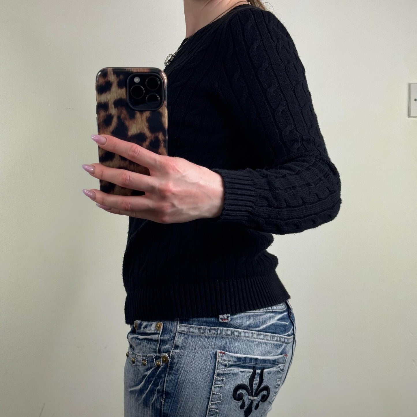 Lauren Ralph Lauren jumper cable knit button high round neck black knitted