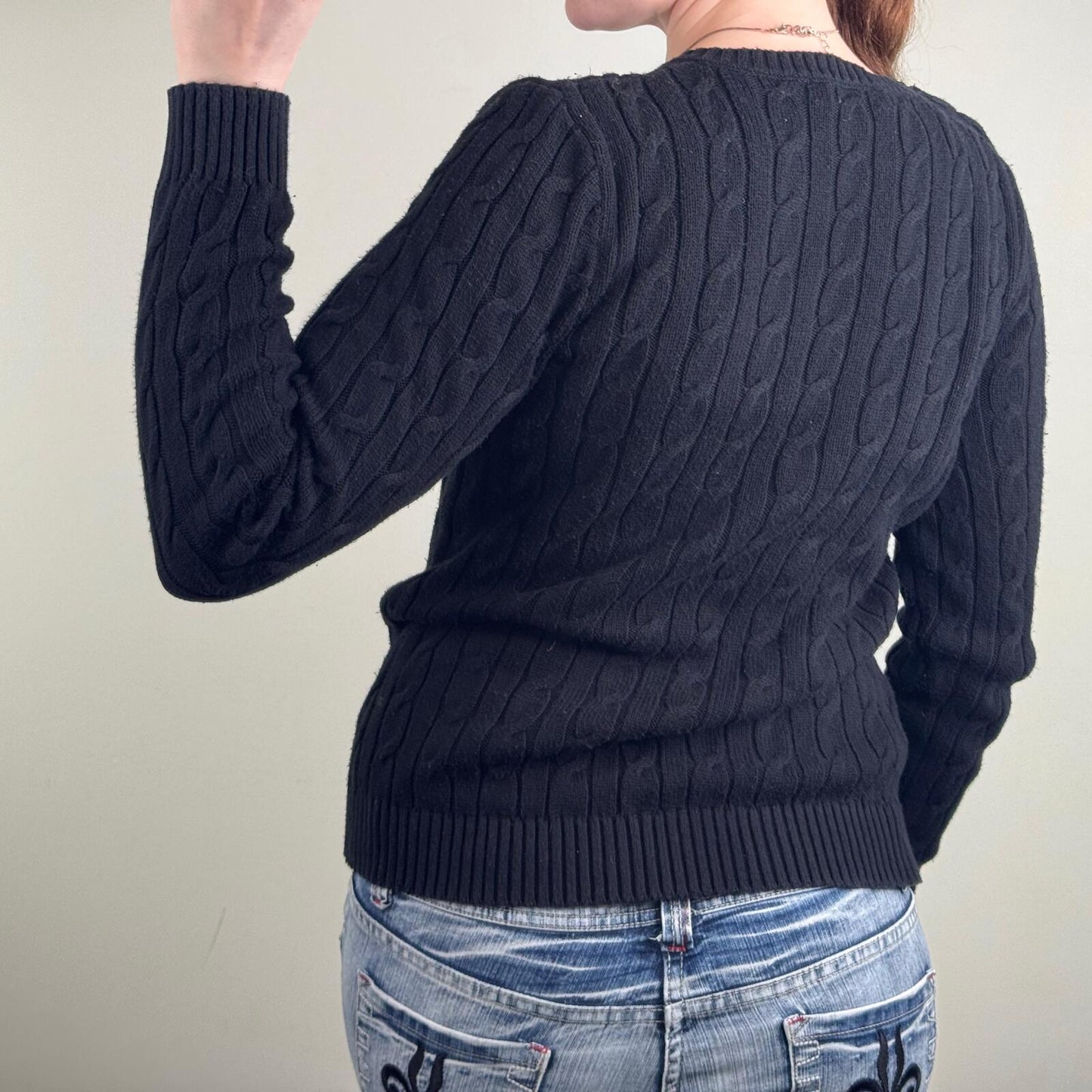 Lauren Ralph Lauren jumper cable knit button high round neck black knitted