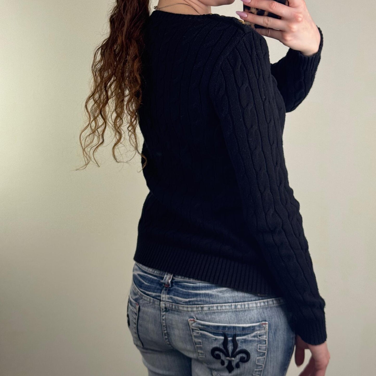 Lauren Ralph Lauren jumper cable knit button high round neck black knitted