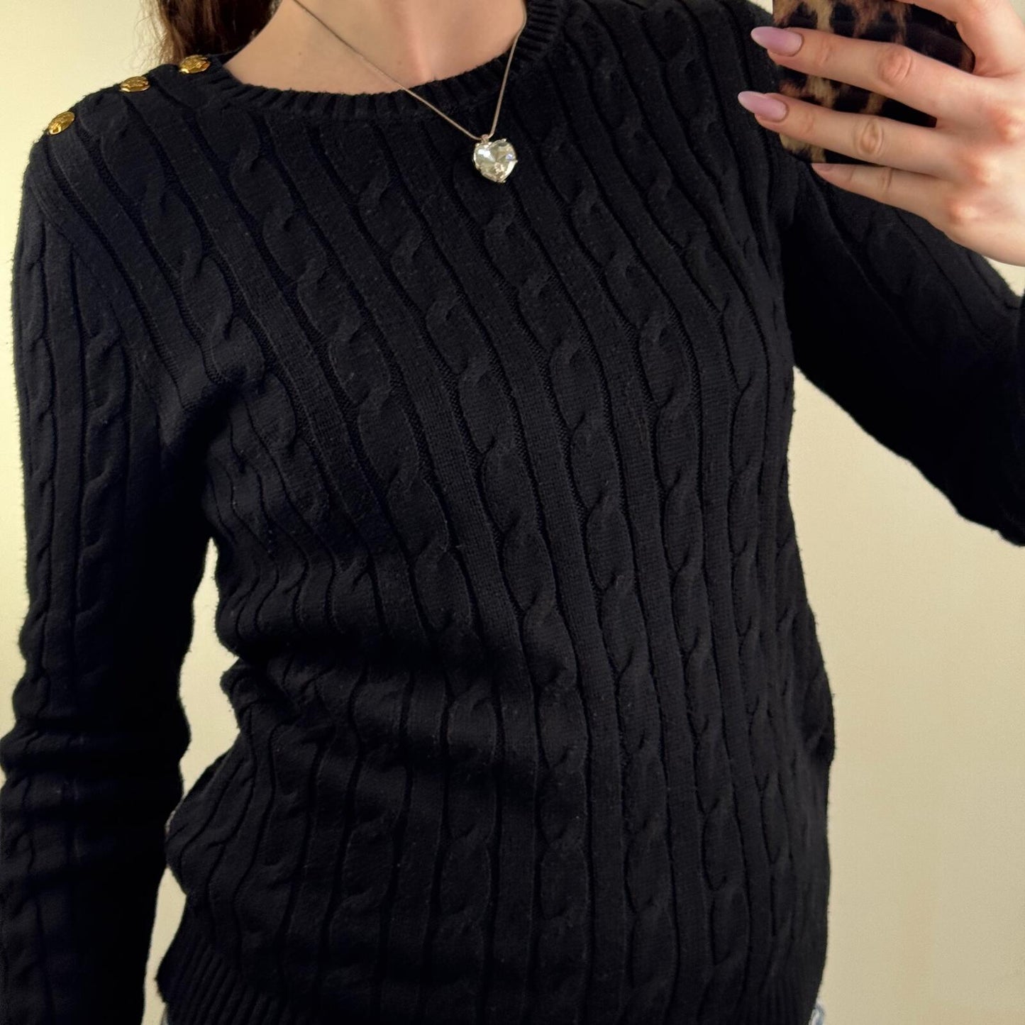 Lauren Ralph Lauren jumper cable knit button high round neck black knitted