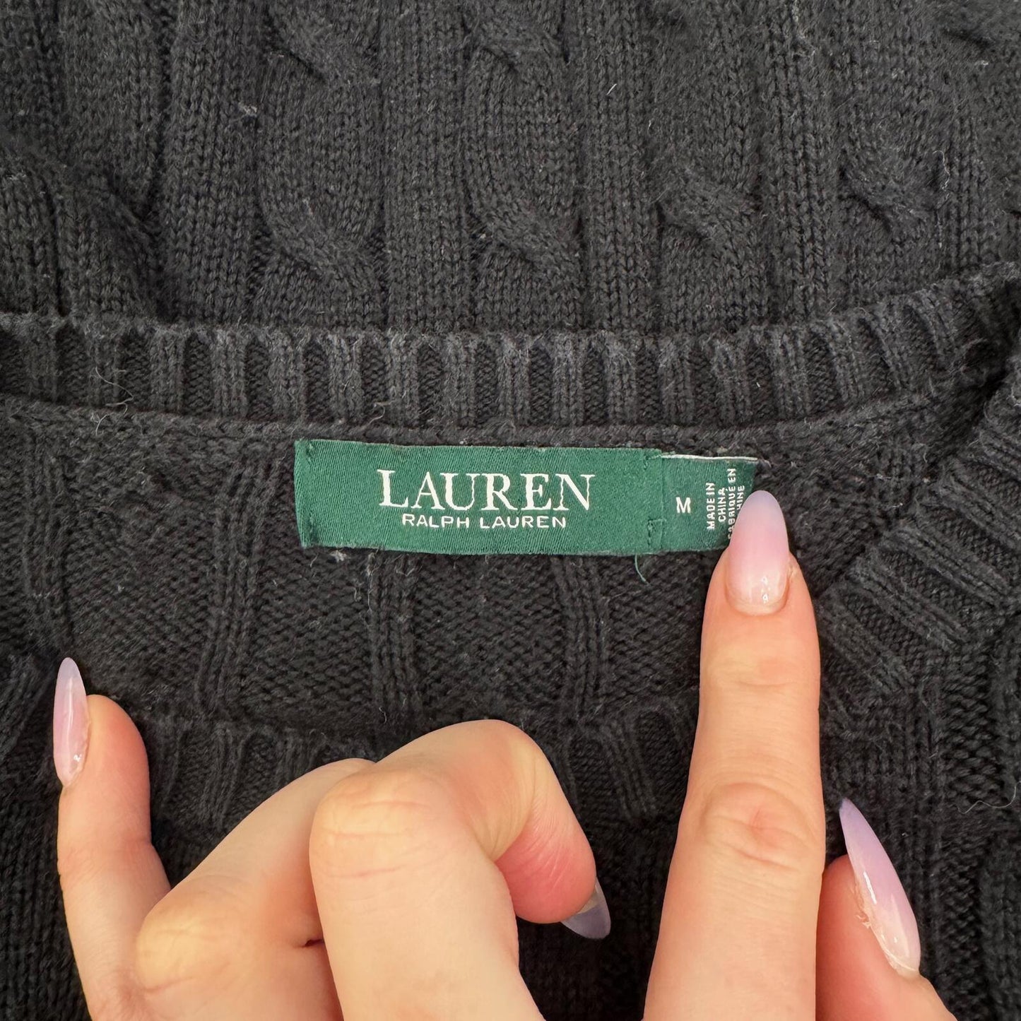 Lauren Ralph Lauren jumper cable knit button high round neck black knitted
