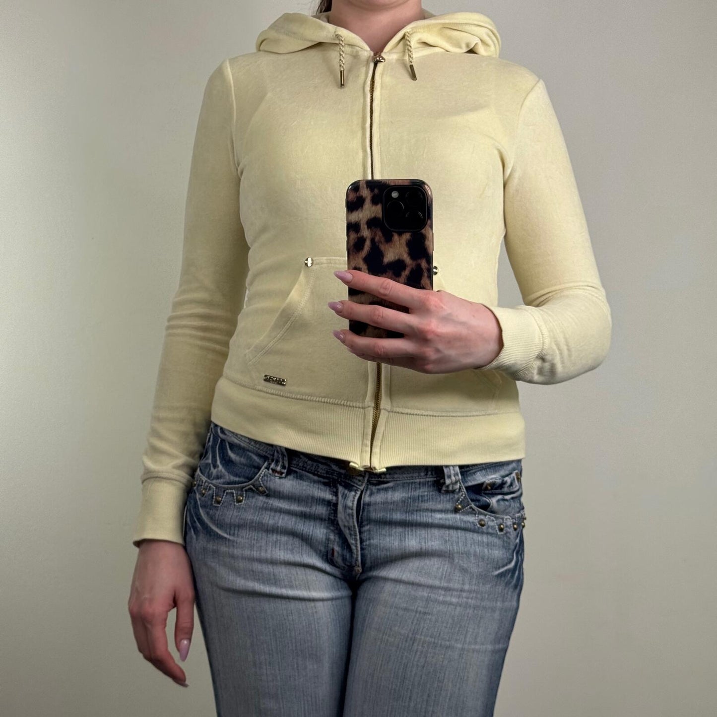 Y2K vintage Lipsy hoodie velour rhinestone pale yellow snake print heart fitted