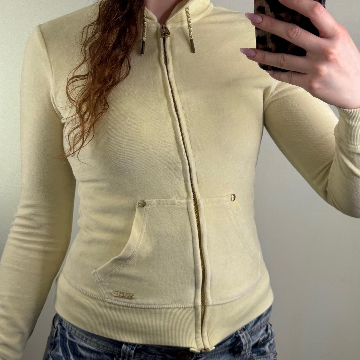 Y2K vintage Lipsy hoodie velour rhinestone pale yellow snake print heart fitted