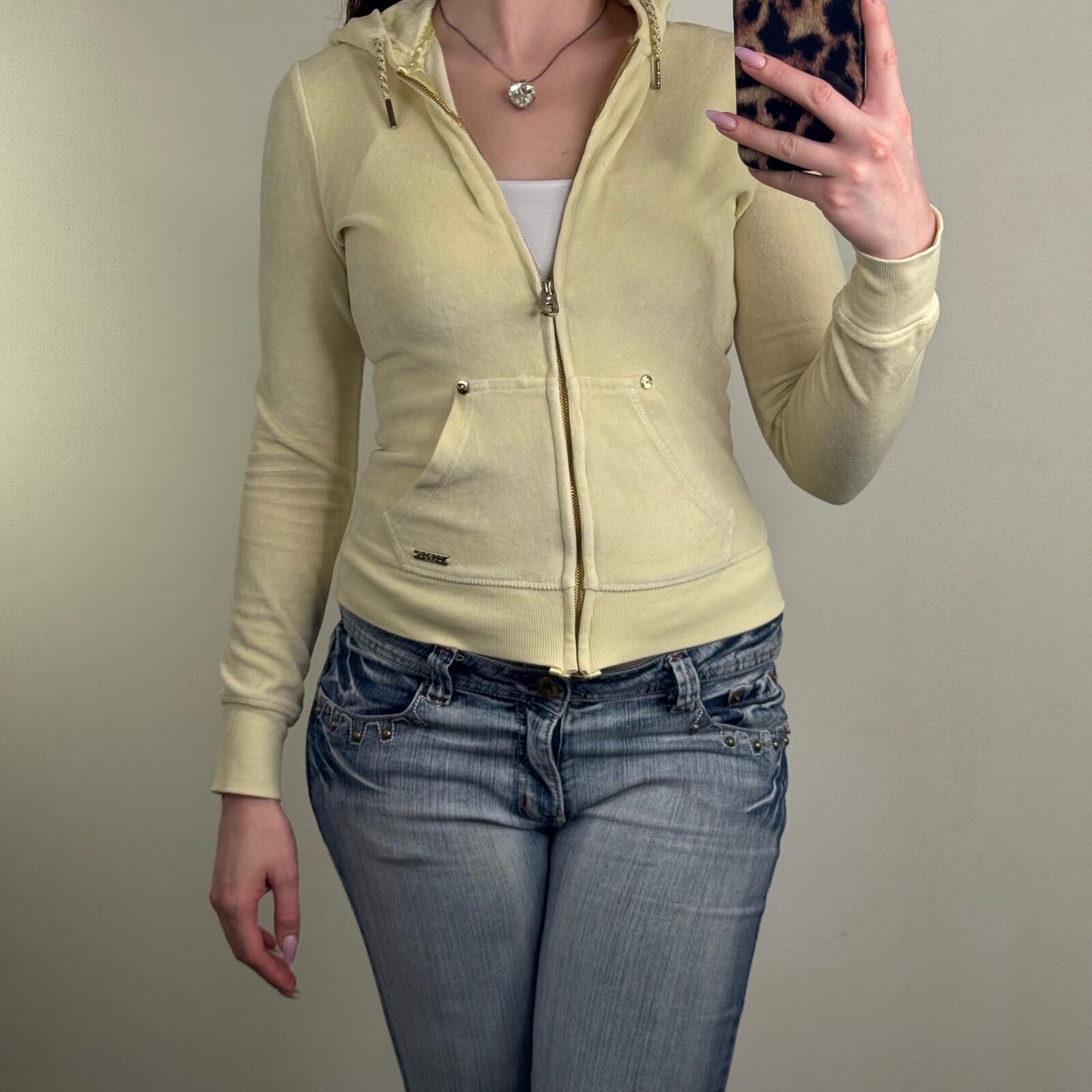 Y2K vintage Lipsy hoodie velour rhinestone pale yellow snake print heart fitted