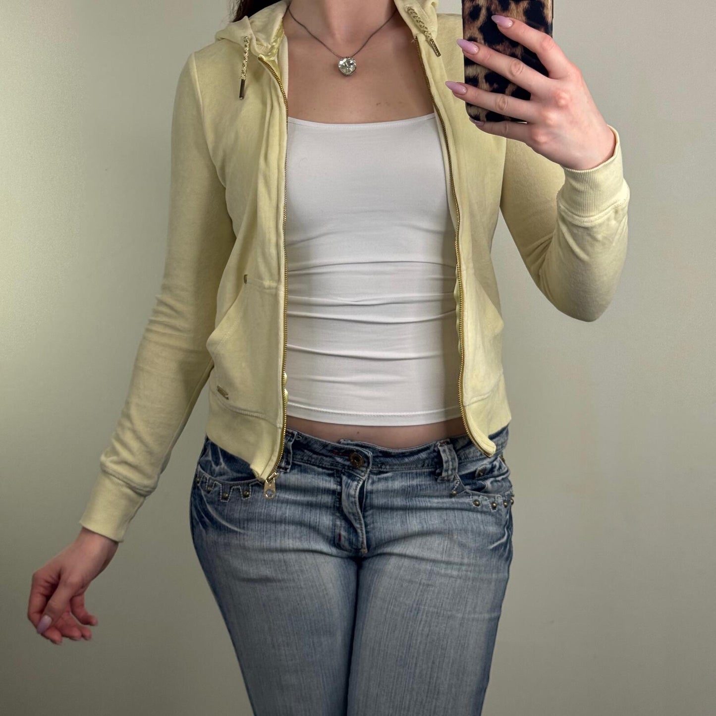 Y2K vintage Lipsy hoodie velour rhinestone pale yellow snake print heart fitted