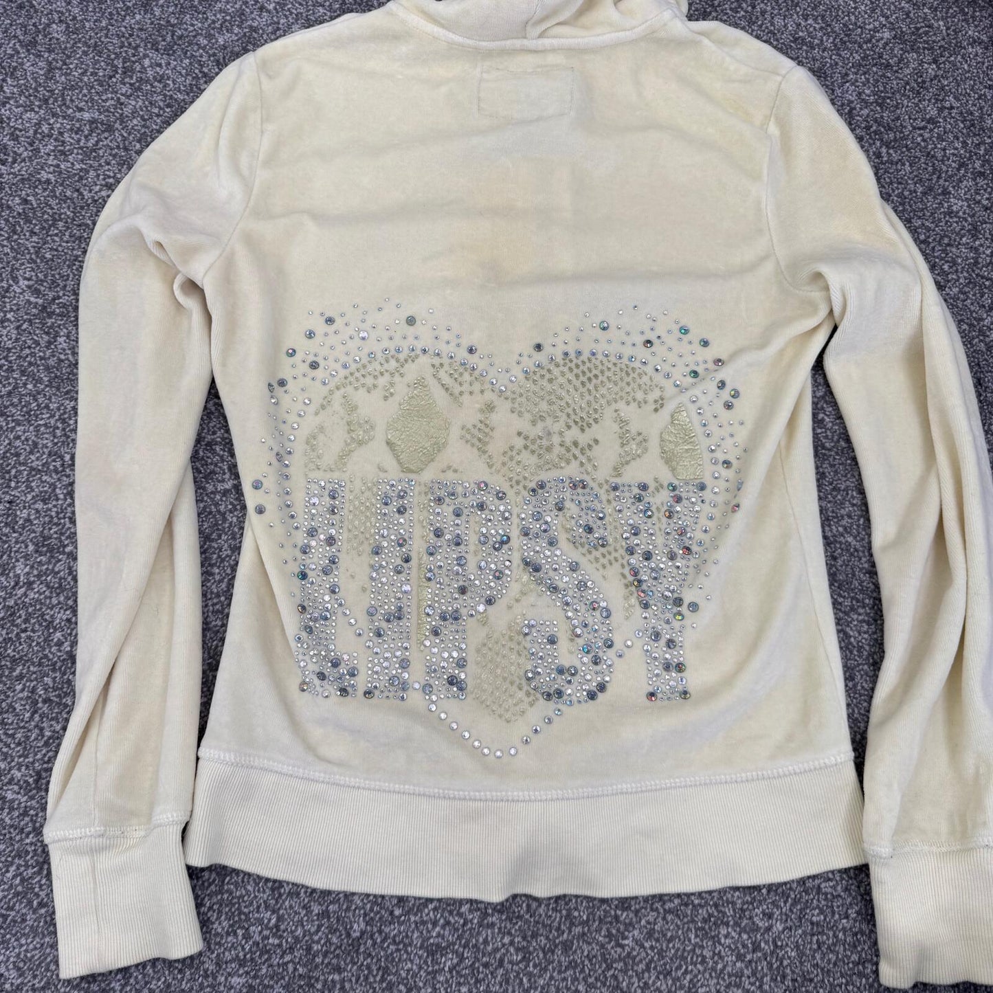 Y2K vintage Lipsy hoodie velour rhinestone pale yellow snake print heart fitted