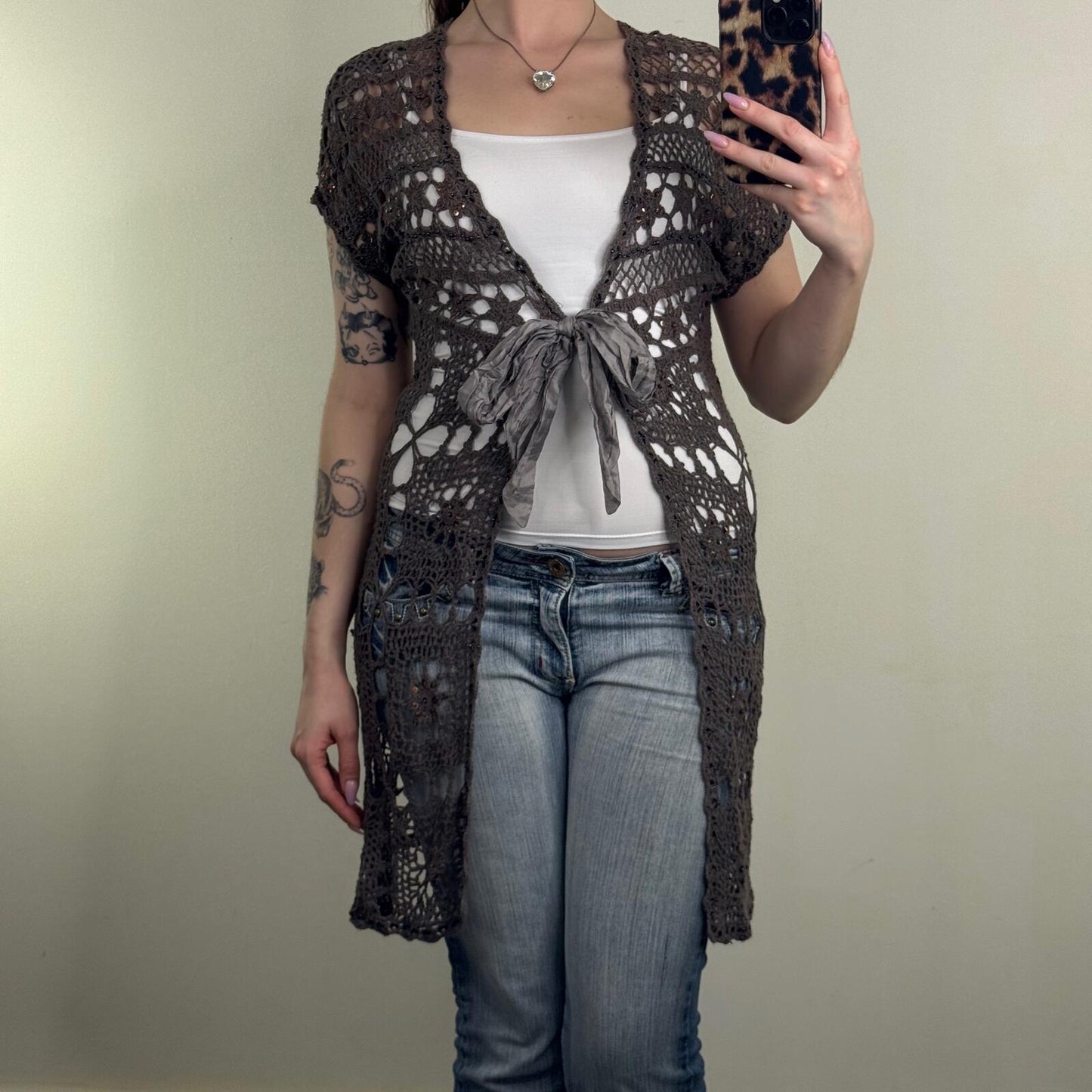 Y2K vintage crochet cardigan short sleeve knitted mid length sequins tie bow