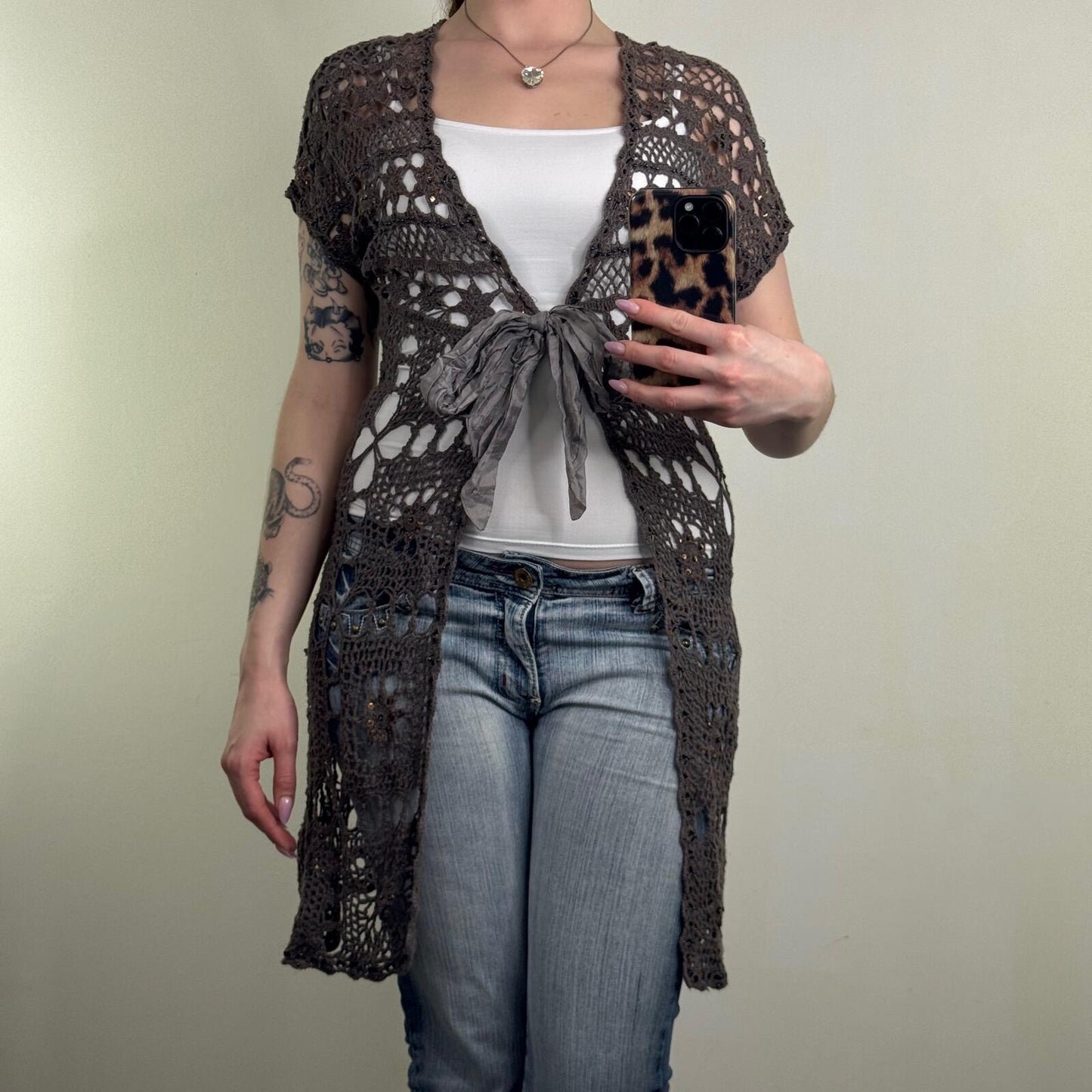 Y2K vintage crochet cardigan short sleeve knitted mid length sequins tie bow