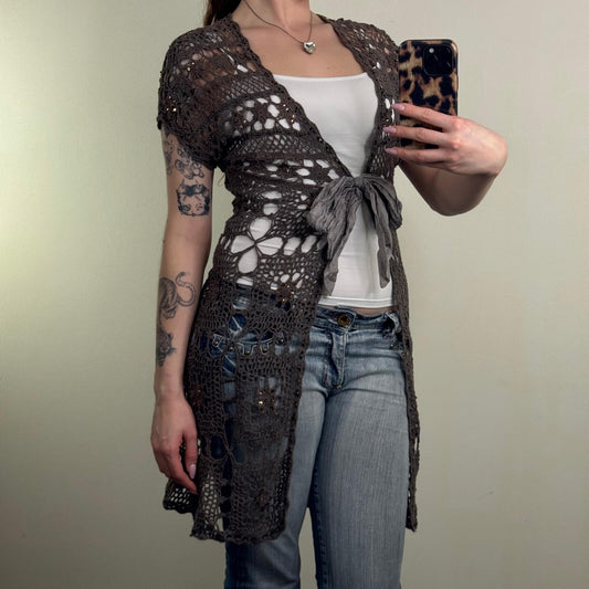 Y2K vintage crochet cardigan short sleeve knitted mid length sequins tie bow