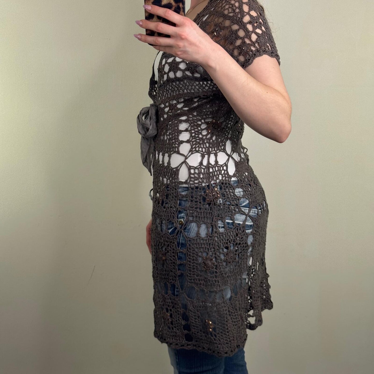 Y2K vintage crochet cardigan short sleeve knitted mid length sequins tie bow
