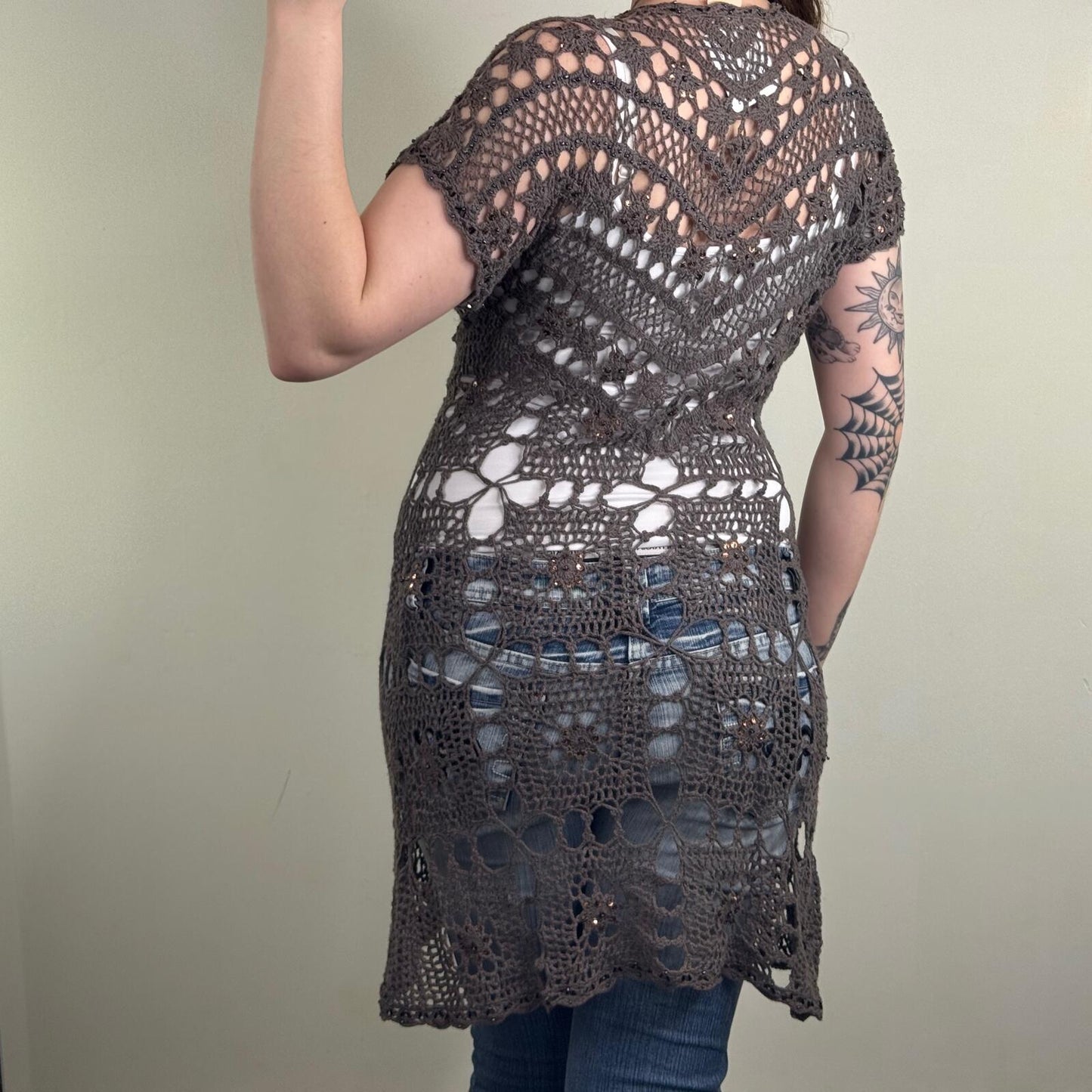 Y2K vintage crochet cardigan short sleeve knitted mid length sequins tie bow