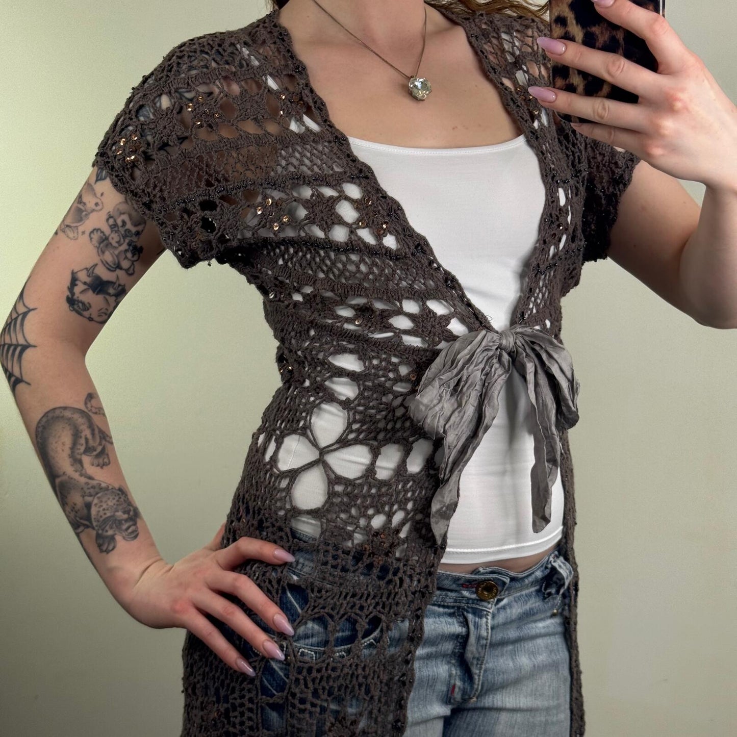 Y2K vintage crochet cardigan short sleeve knitted mid length sequins tie bow