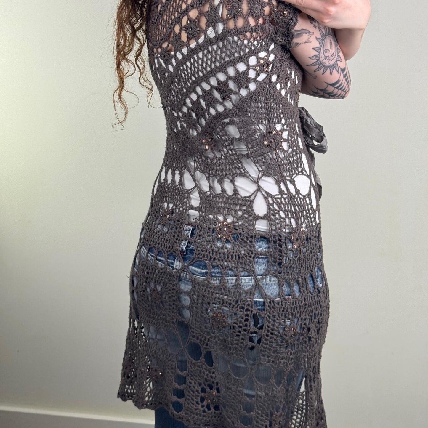 Y2K vintage crochet cardigan short sleeve knitted mid length sequins tie bow