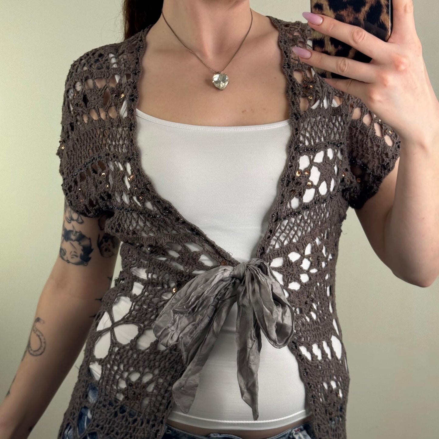Y2K vintage crochet cardigan short sleeve knitted mid length sequins tie bow