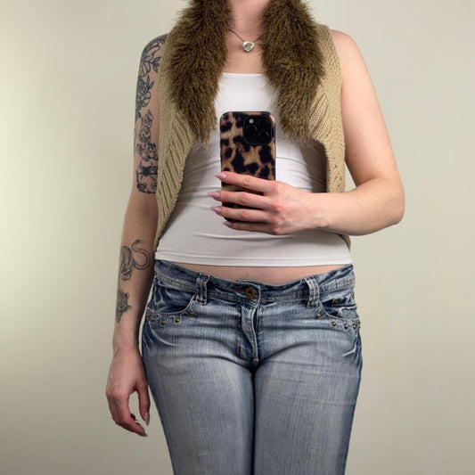 Y2K vintage cardigan cropped wool blend faux fur trim collar cable chunky knit