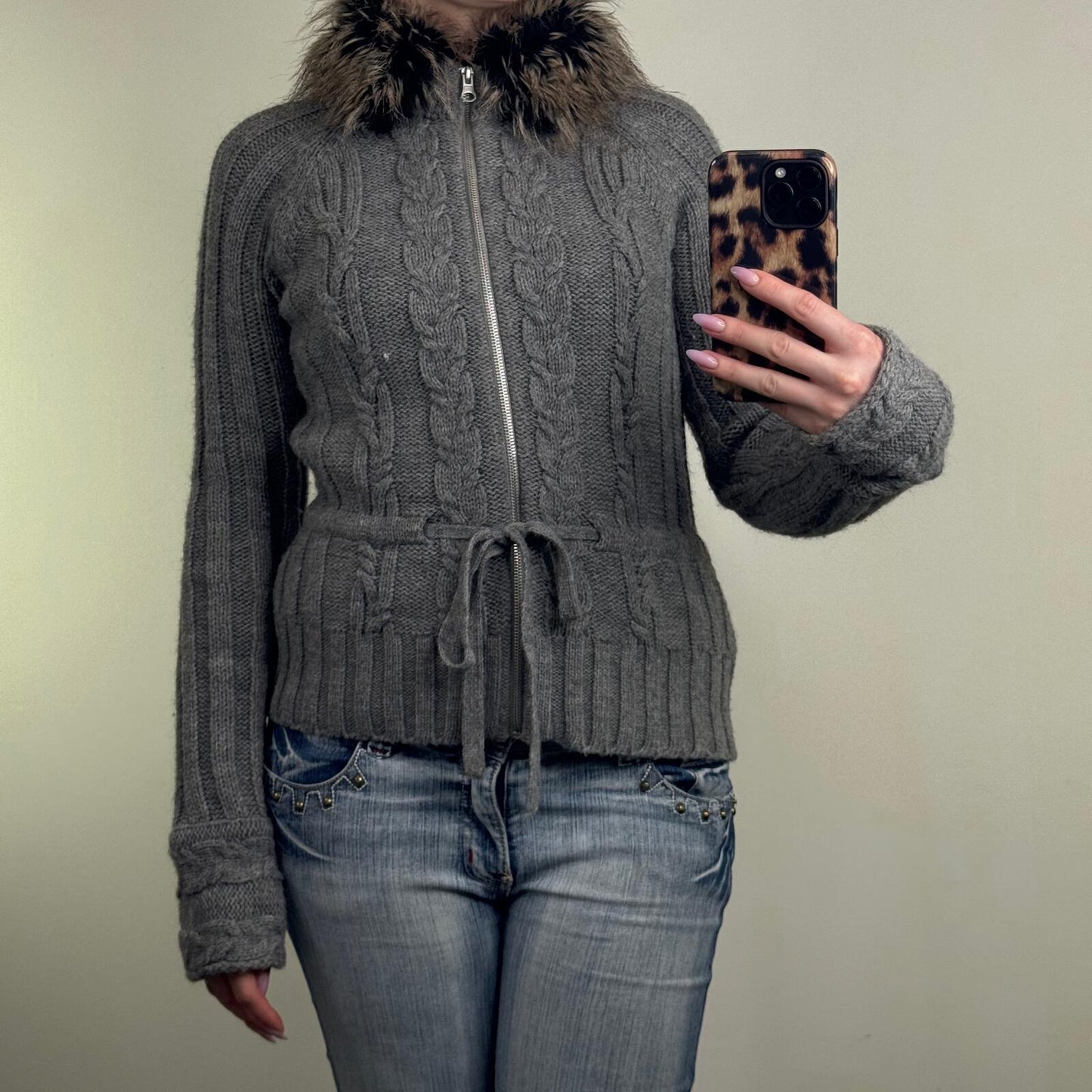 Y2K vintage knit jumper zip up high neck fur collar trim bow alpaca wool blend
