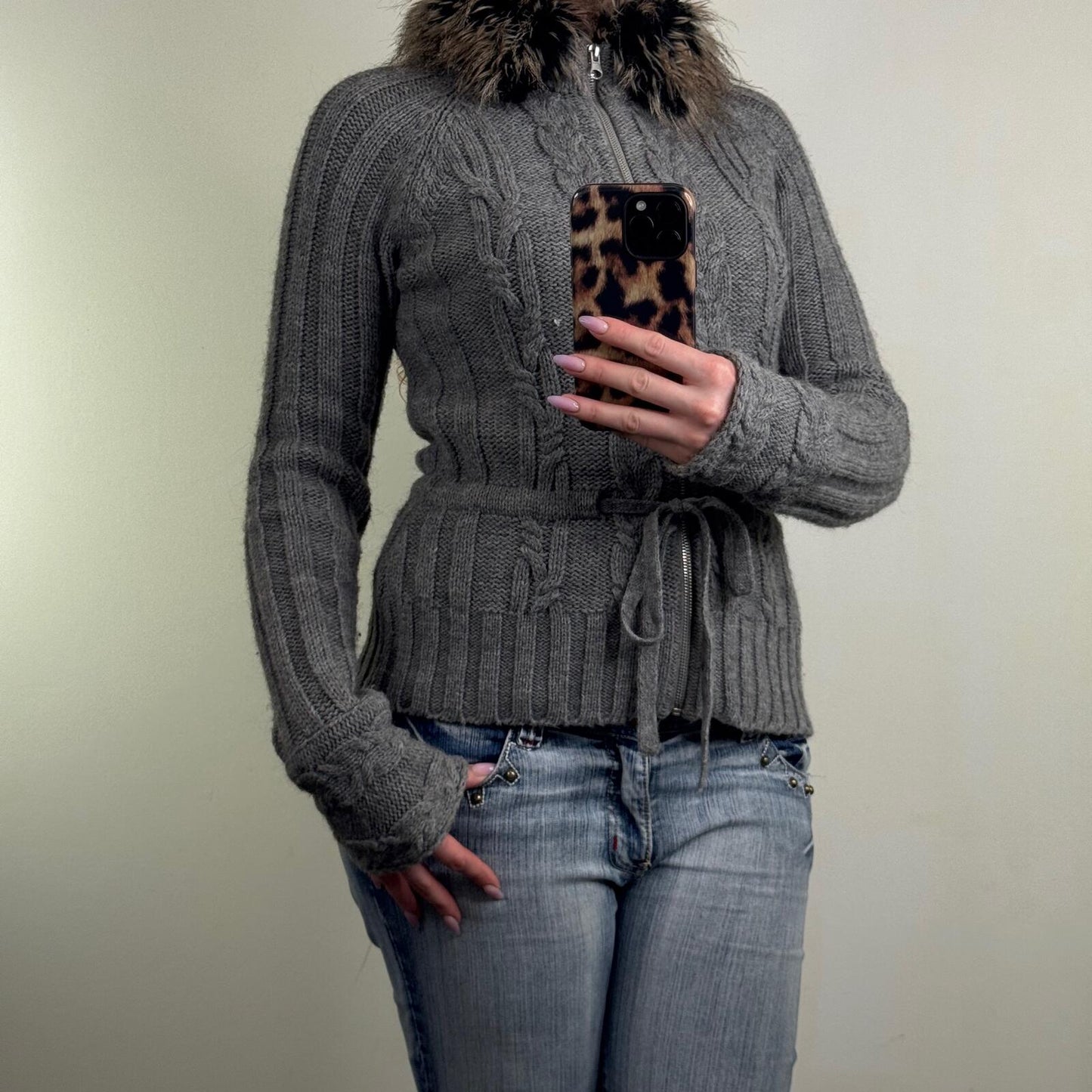 Y2K vintage knit jumper zip up high neck fur collar trim bow alpaca wool blend