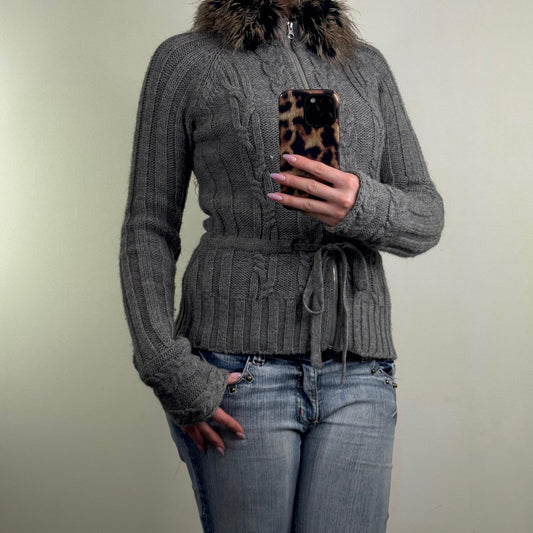 Y2K vintage knit jumper zip up high neck fur collar trim bow alpaca wool blend