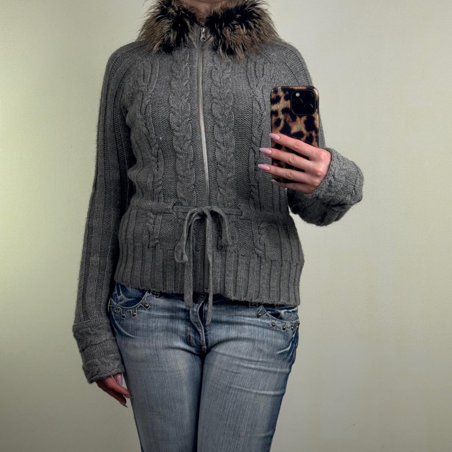 Y2K vintage knit jumper zip up high neck fur collar trim bow alpaca wool blend
