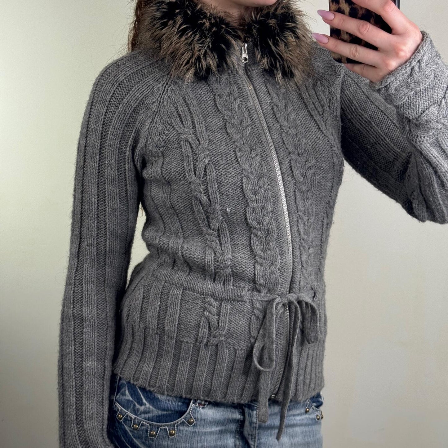 Y2K vintage knit jumper zip up high neck fur collar trim bow alpaca wool blend
