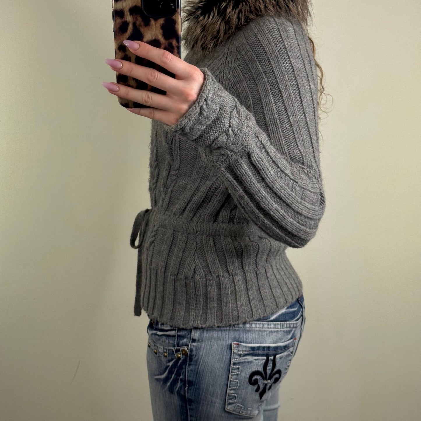 Y2K vintage knit jumper zip up high neck fur collar trim bow alpaca wool blend