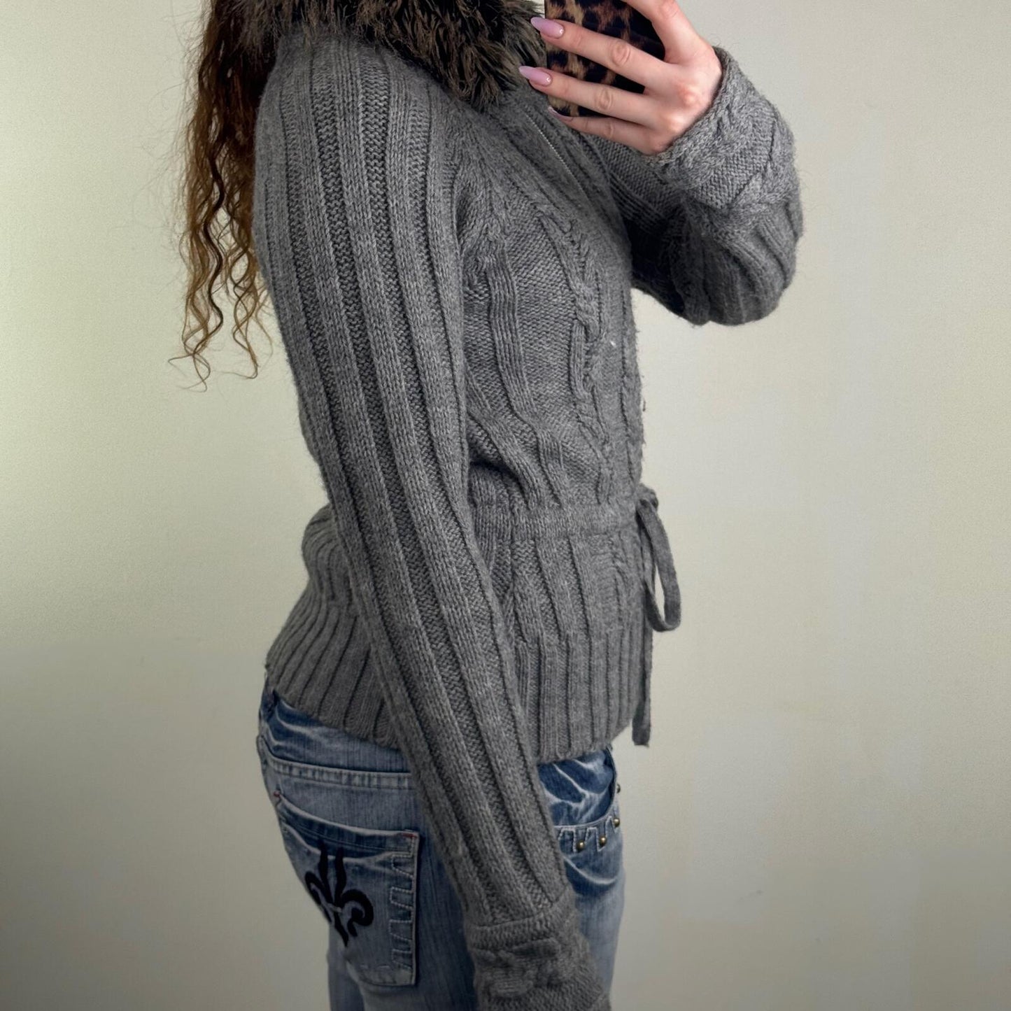 Y2K vintage knit jumper zip up high neck fur collar trim bow alpaca wool blend