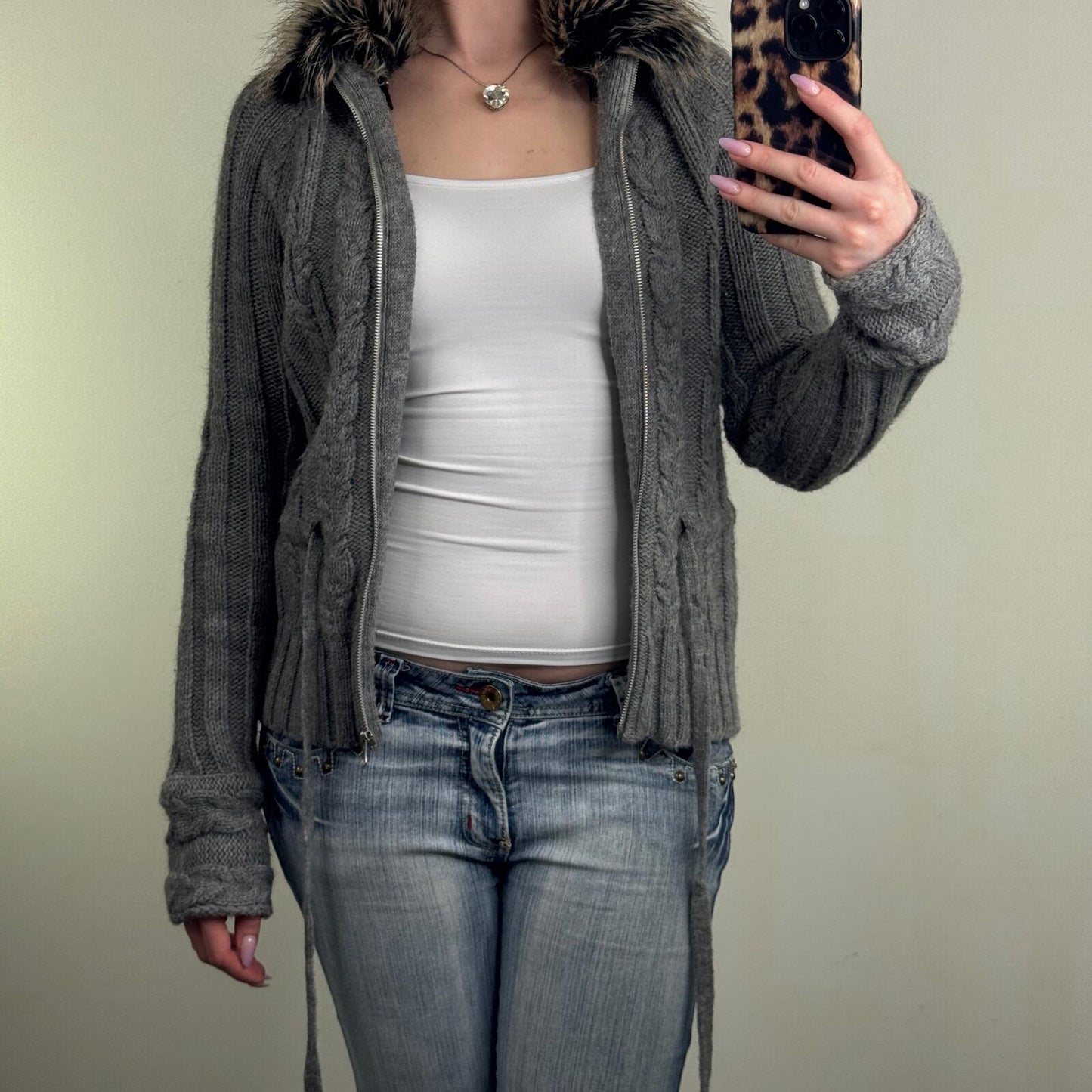Y2K vintage knit jumper zip up high neck fur collar trim bow alpaca wool blend