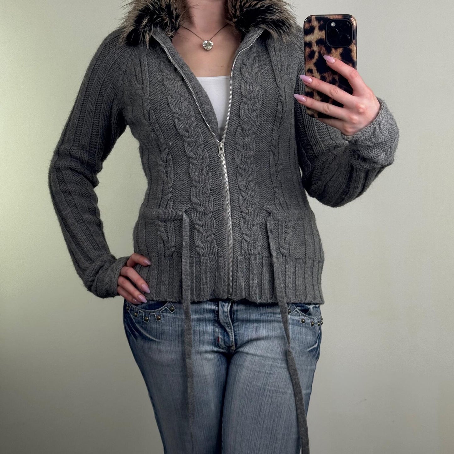 Y2K vintage knit jumper zip up high neck fur collar trim bow alpaca wool blend