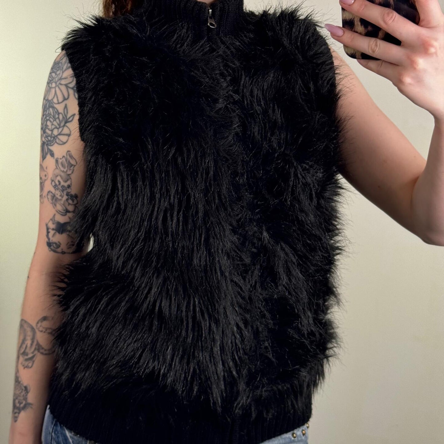Y2K vintage faux fur gilet zip up knitted sleeveless jacket high neck black
