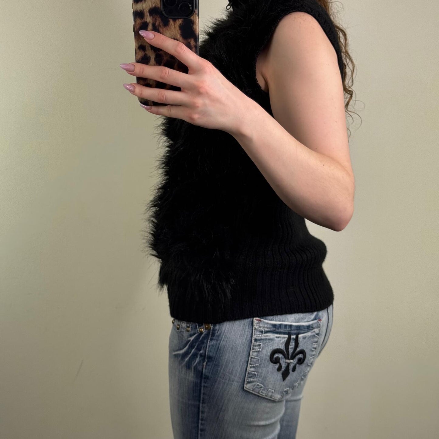 Y2K vintage faux fur gilet zip up knitted sleeveless jacket high neck black