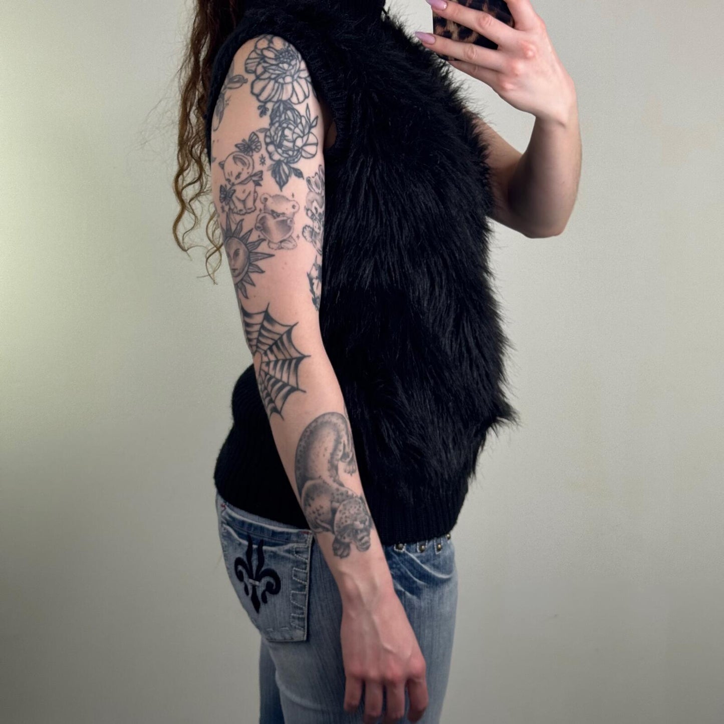 Y2K vintage faux fur gilet zip up knitted sleeveless jacket high neck black