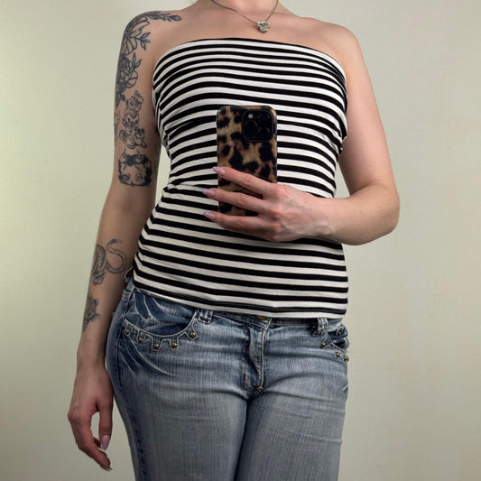 Vintage Jane Norman top strapless stretchy stripe black white