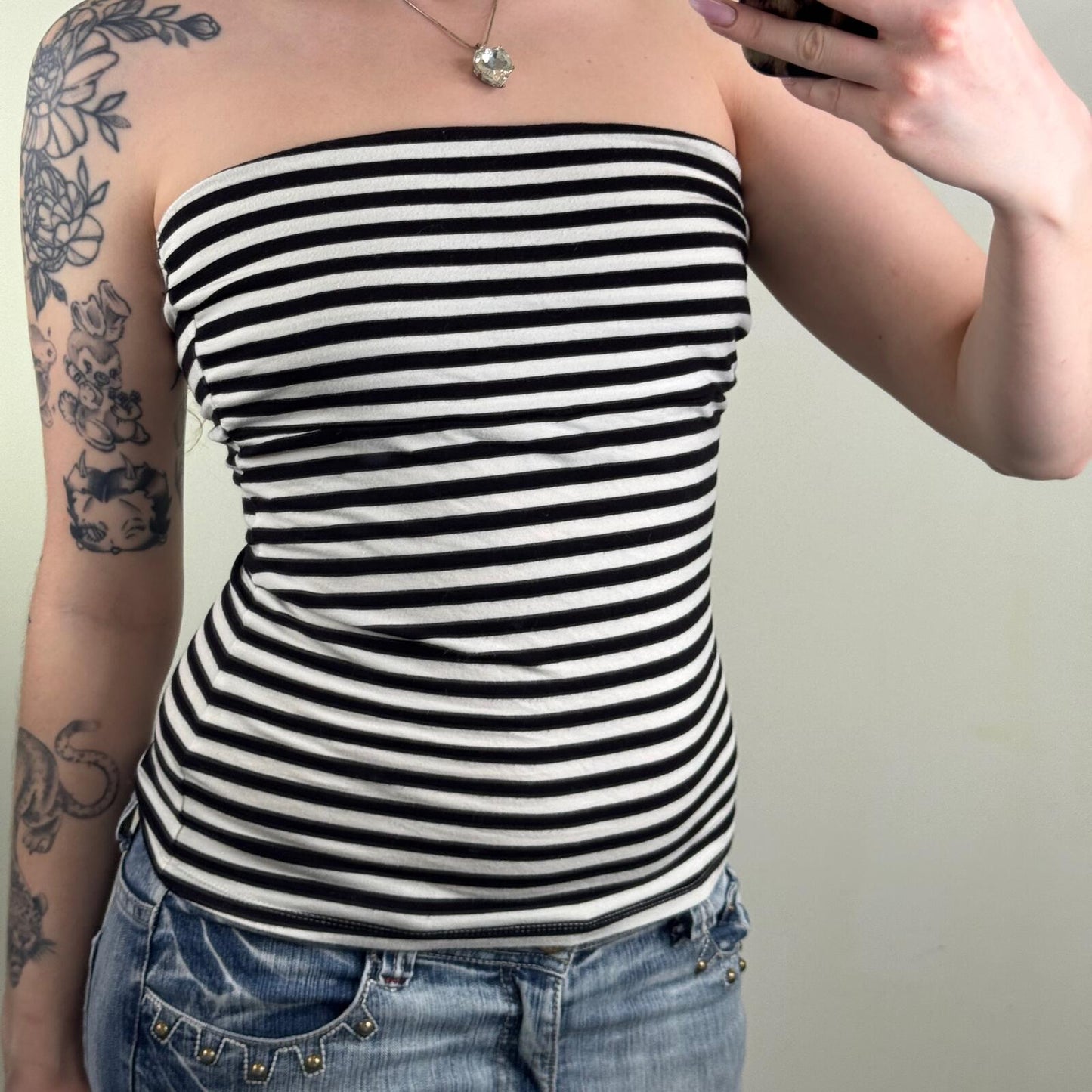 Vintage Jane Norman top strapless stretchy stripe black white