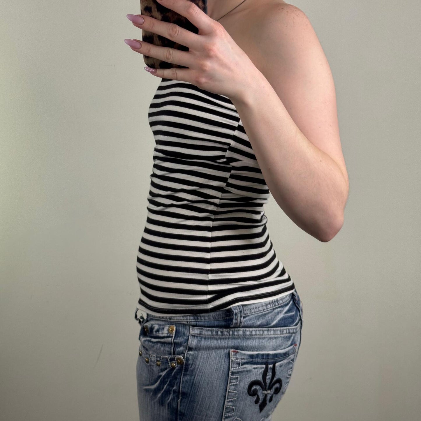 Vintage Jane Norman top strapless stretchy stripe black white