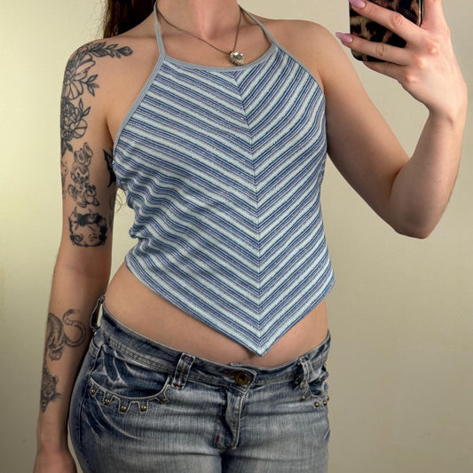 Y2K vintage stripe top halter neck v hem sparkly glitter bow cropped baby blue