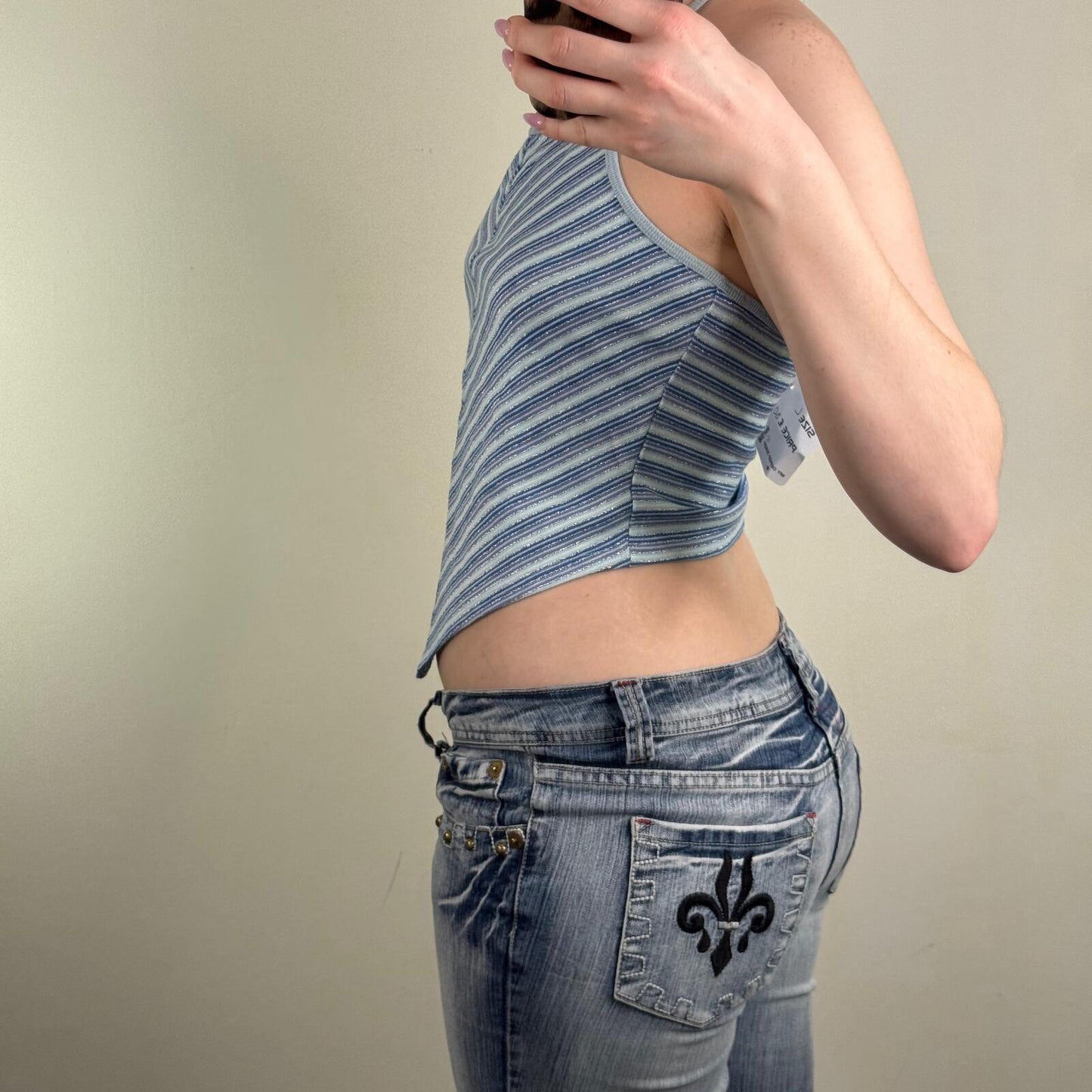 Y2K vintage stripe top halter neck v hem sparkly glitter bow cropped baby blue