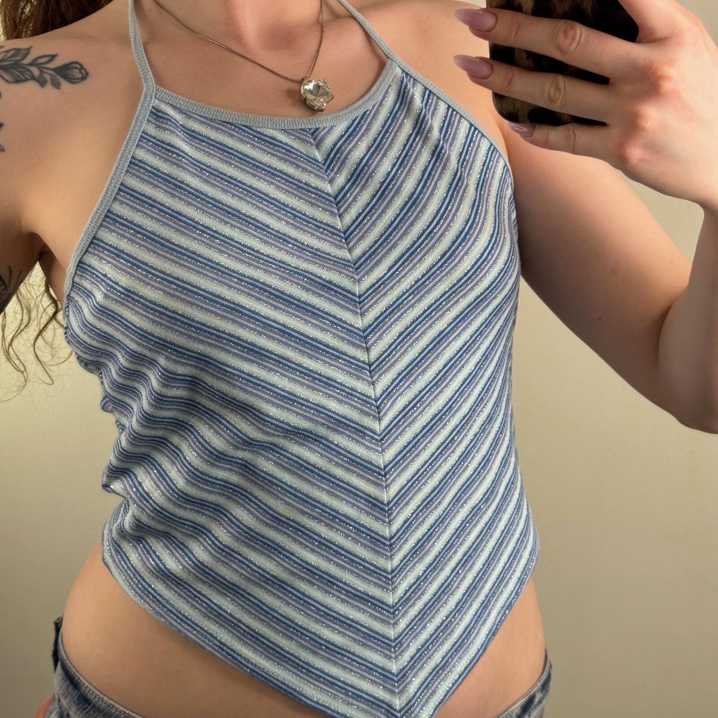 Y2K vintage stripe top halter neck v hem sparkly glitter bow cropped baby blue