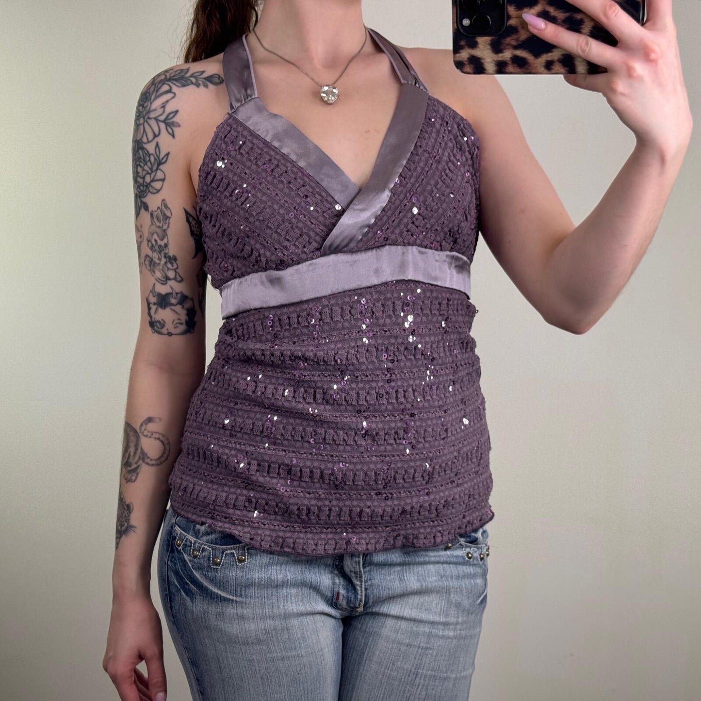Y2K vintage halter neck top sequin adjustable bow embellished satin double layer