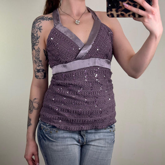 Y2K vintage halter neck top sequin adjustable bow embellished satin double layer