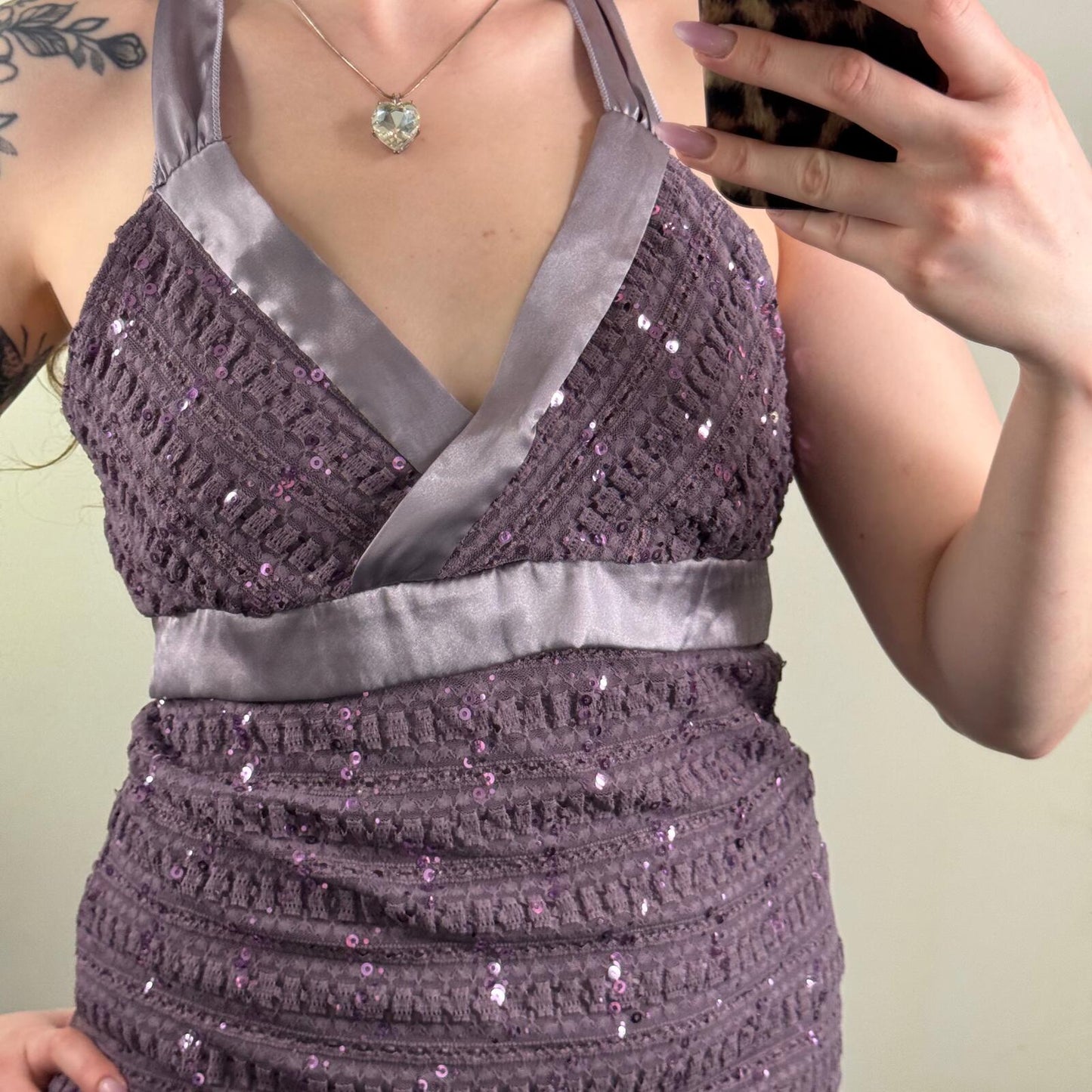 Y2K vintage halter neck top sequin adjustable bow embellished satin double layer