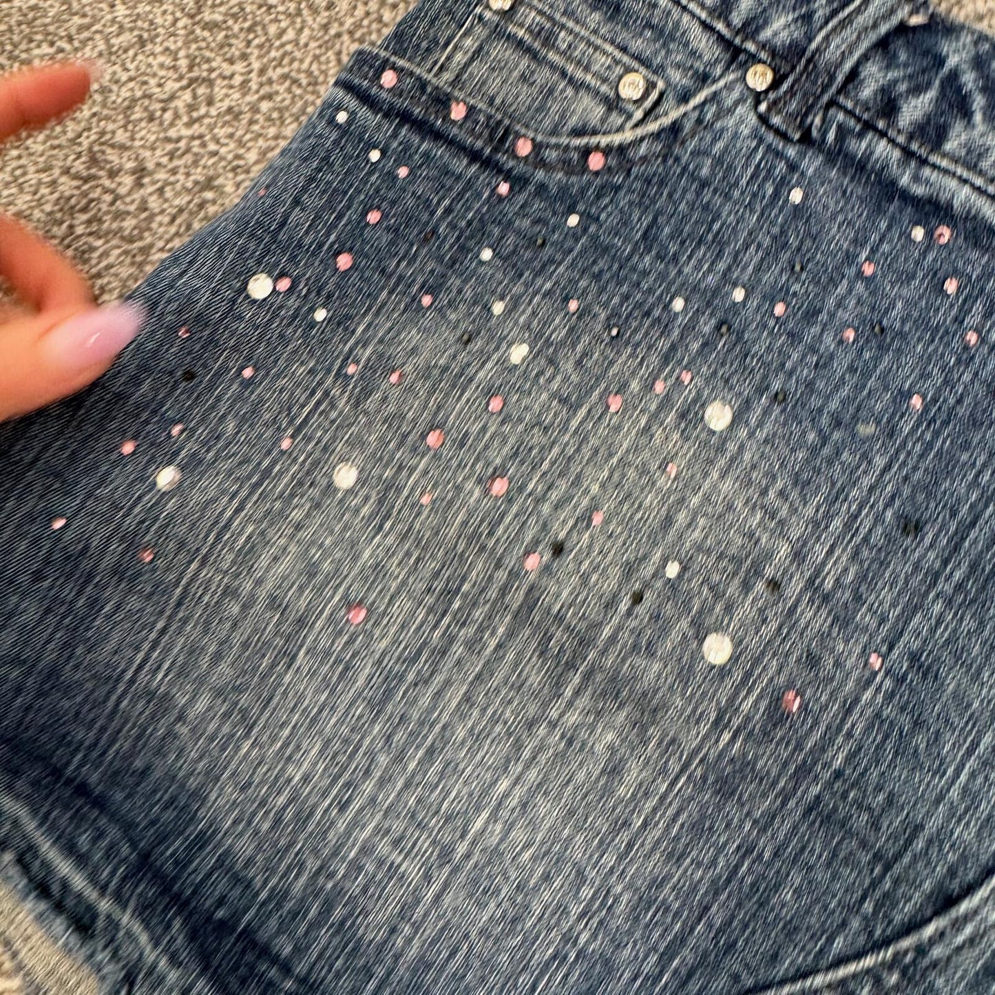Y2K vintage Bay mini skirt rhinestone fraying hem stretchy denim low rise