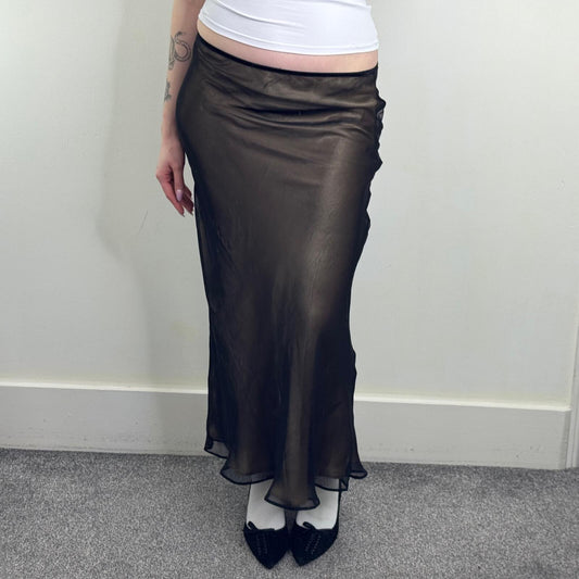 Y2K vintage maxi skirt double layer black gold shimmer stretchy waistband party